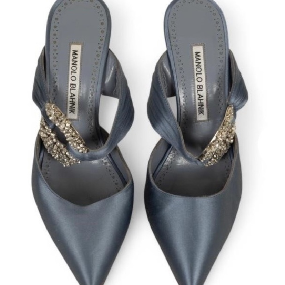 Manolo Blahnik Hangisi 70 Navy Blue Satin Jewel Buckle Pumps